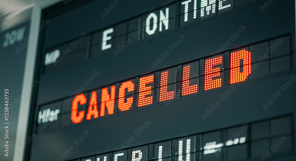 Fototapeta premium Close up of an airport information board displaying a cancelled flight, creating a sense of disruption and travel inconvenience