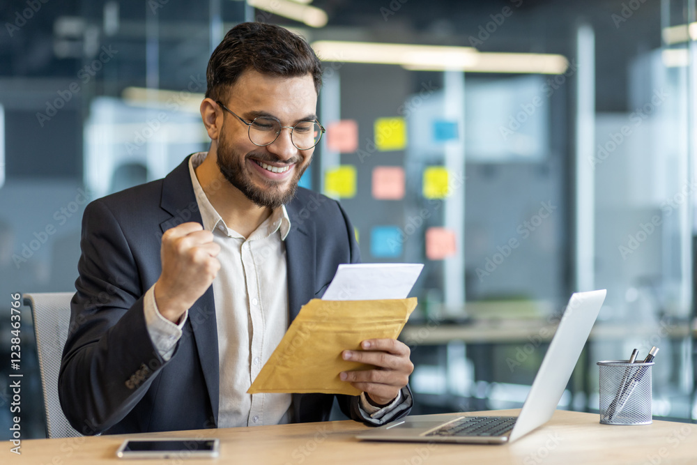 Successful businessman at workplace inside office with letter in hands. Man celebrates successful achievement results, received email notification, reads good news message.