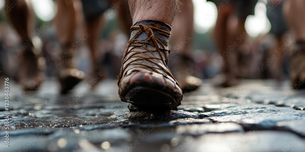 Muddy Leather Sandal on Wet Cobblestones Muddy Leather Sandal on Wet Cobblestones