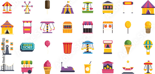 Colorful icons representing various amusement park attractions, from thrilling rides to tempting treats, capture the excitement and fun of a day at the fair
