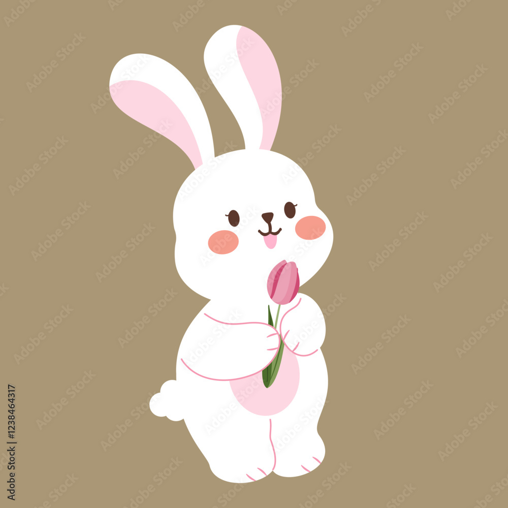 A cute rabbit holding a pink tulip. A cute rabbit holding a pink tulip.