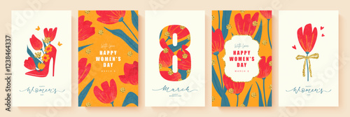 Happy Women's Day, March 8. Set of postcards with tulips, women's shoe, golden design elements. Vector illustration, spring holiday.