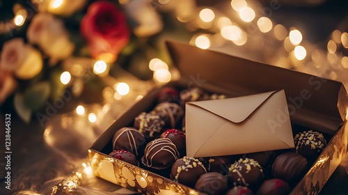 A box of chocolates with an open envelope resting on top, surrounded by romantic lighting photo