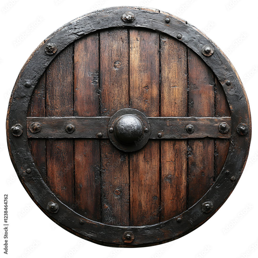 Fototapeta premium Ancient Wooden Round Shield Medieval Viking War Relic Dark Brown Rustic Texture