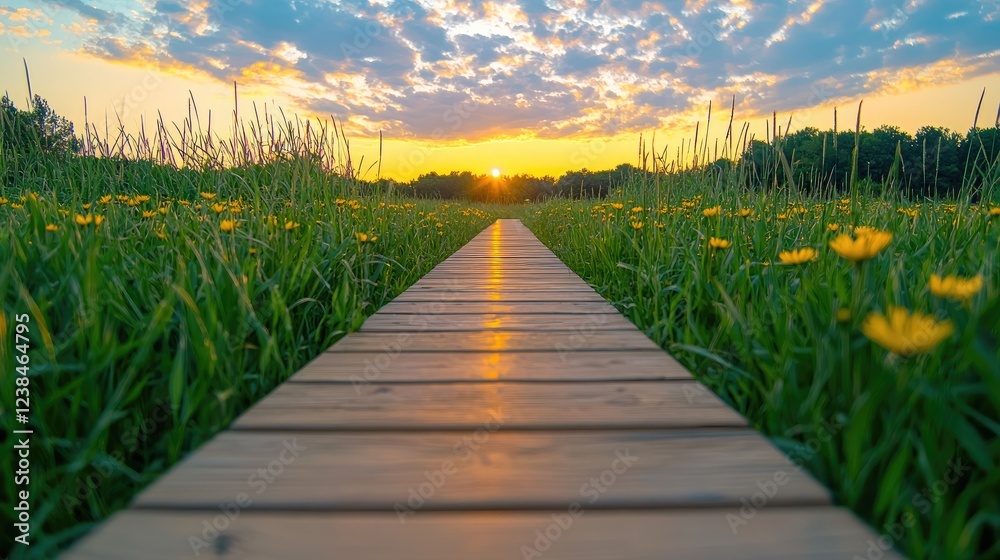 Fototapeta premium Sunset boardwalk path through wildflowers