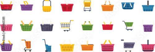 Colorful shopping baskets and carts, symbolizing retail, consumerism, and purchasing power