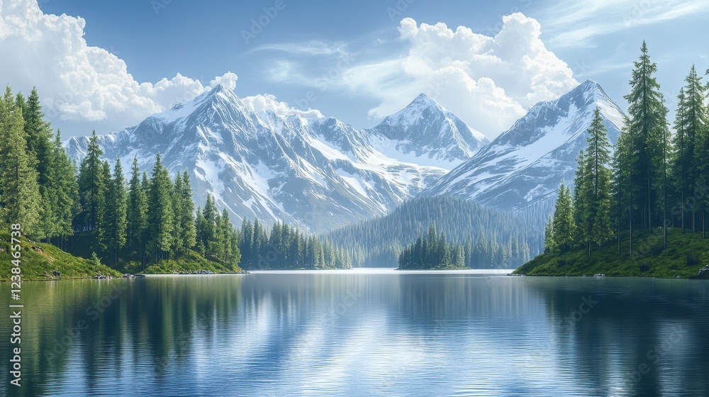 Fototapeta premium Majestic Mountain Lake with Snowy Peaks and Evergreen Forest