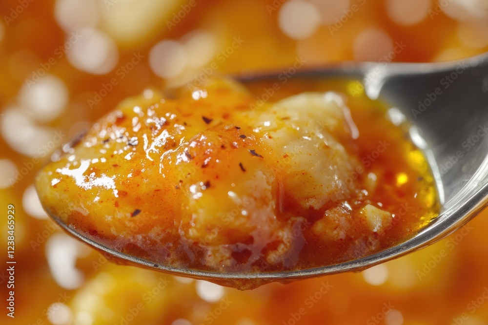 Close-up of a spoonful of savory, orange-hued stew, possibly a potato or chickpea based dish, seasoned with spices. Close-up of a spoonful of savory, orange-hued stew, possibly a potato or chickpea based dish, seasoned with spices.