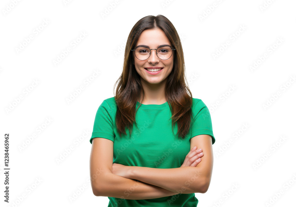 A young woman wearing a green shirt and glasses, smiling confidently with arms crossed, isolated on a white background A young woman wearing a green shirt and glasses, smiling confidently with arms crossed, isolated on a white background