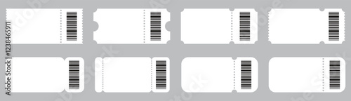 Set of white tickets mockups with bar codes, ruffle edges. Concert, movie or theater ticket.