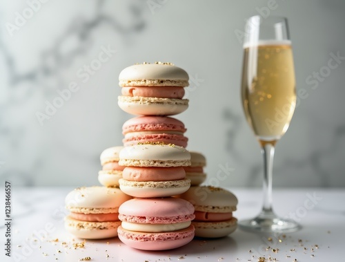 Delicate french macarons tower with gold embellishments and champagne on marble photo