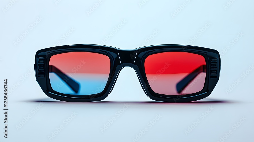 Modern sunglasses with red and blue gradient lenses.
