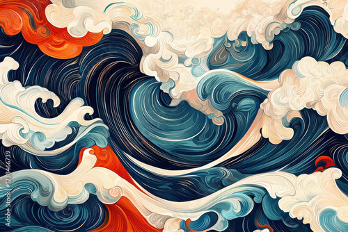 Dynamic ocean waves with bold navy, red, and cream hues, abstract Japanese-inspired art