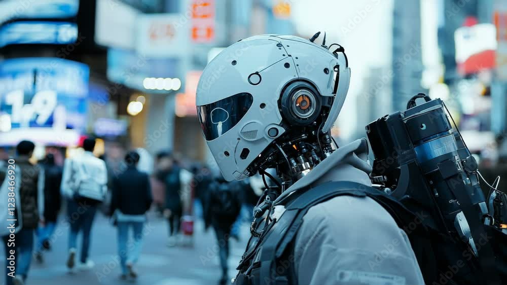 A Futuristic Robot stands in an Urban Setting surrounded by Bystanders, creating an intriguing atmosphere A Futuristic Robot stands in an Urban Setting surrounded by Bystanders, creating an intriguing atmosphere