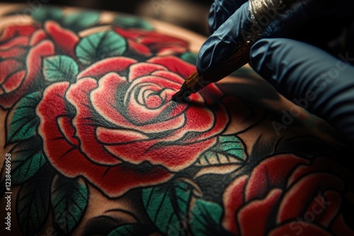 Fototapeta Naklejka Na Ścianę i Meble -  Close-up of a tattoo artist meticulously inking vibrant red roses and teal leaves onto skin.