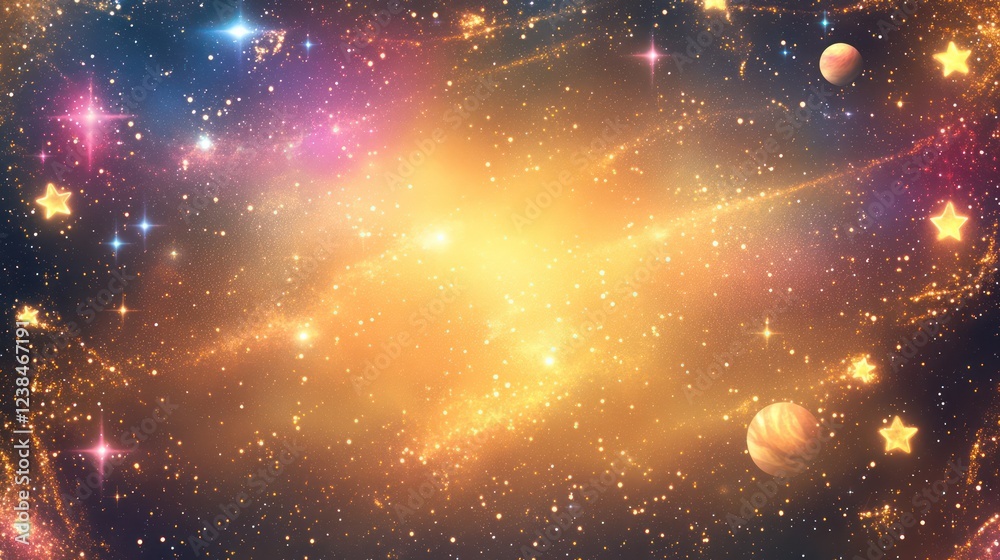 Obraz premium A galaxy frame with glowing stars and planets, set against a golden cosmic dust field shimmering with light