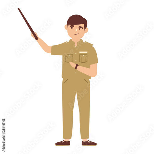Cartoon park ranger or guide pointing with a stick outdoors.