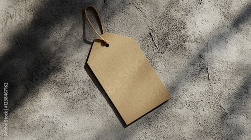 Minimalist Blank Kraft Paper Hang Tag Resting on a Subtly Grainy Concrete Surface with Soft Shadows and Warm Natural Appearance in a Simple and Elegant Composition with Copy Space
 photo