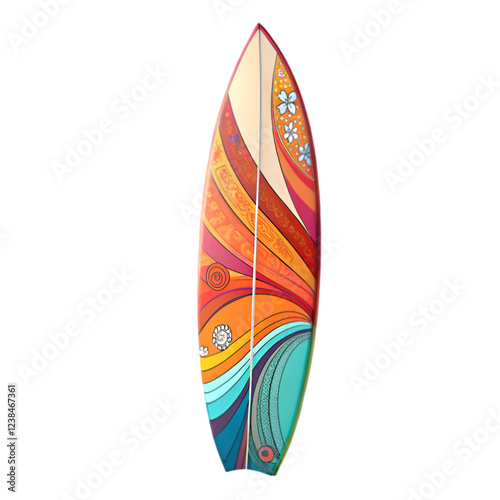 Vibrant colorful surfboard design abstract art summer ocean waves red aqua on transparent background