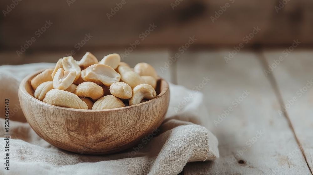 Wooden bowl filled with peeled Brazil nuts on rustic table. natural texture of wood complements creamy nuts, creating warm and inviting atmosphere Wooden bowl filled with peeled Brazil nuts on rustic table. natural texture of wood complements creamy nuts, creating warm and inviting atmosphere