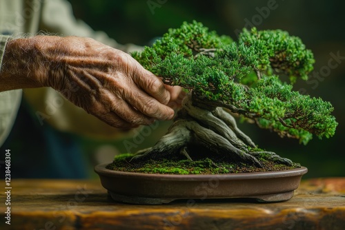 Elderly hands carefully tend to a miniature bonsai tree, showcasing patience and dedication to the art.