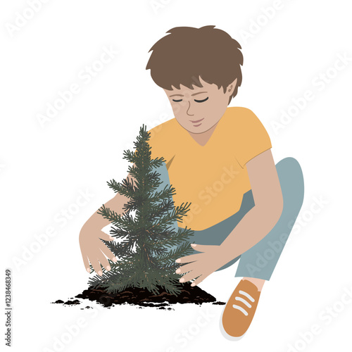 Boy planting coniferous tree. Vector hand drawn illustration.