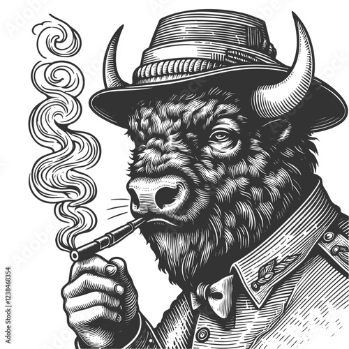 buffalo soldier smoking head adorned with feathers and decorative elements, detailed engraving sketch engraving generative ai vector illustration. Scratch board imitation. Black and white image.