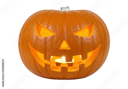 A carved orange pumpkin with a glowing Jack-o'-lantern face, isolated on a white background photo