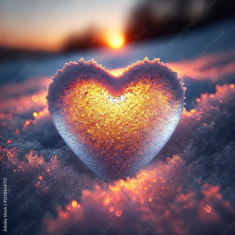 Fototapeta premium Close-up view of a heart-shaped object, seemingly made of glass or a similar translucent material, resting in a bed of snow. 