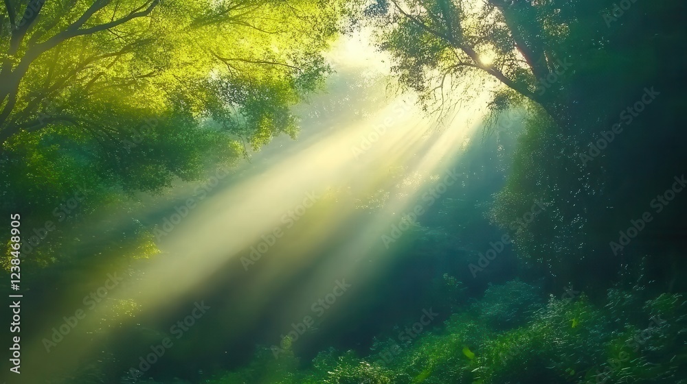 Fototapeta premium Sunbeams Illuminate Lush Green Forest Canopy