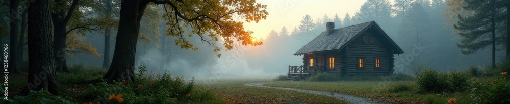 A misty morning in a forest with a cabin in the background, peaceful scene, leaves A misty morning in a forest with a cabin in the background, peaceful scene, leaves