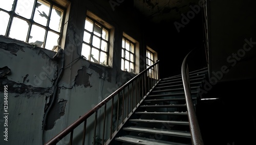 Abandoned Building Staircase Interior: Atmospheric and Decayed Urban Exploration Scene