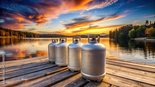 Three propane tanks lined up in a row on a wooden dock overlooking a serene lake at sunset, propane tanks, outdoor photo