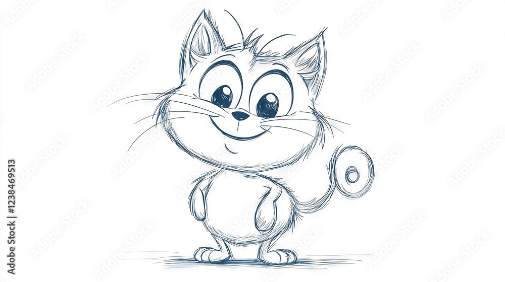 Obraz premium A sketch of a feline with large eyes grinning, positioned against a pure backdrop