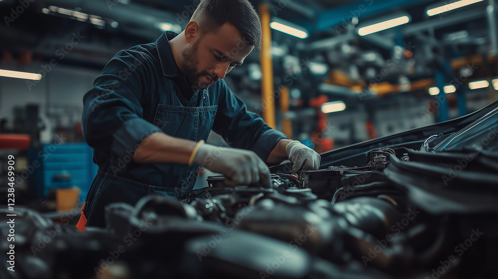 Mechanic Performing Maintenance on a Powerful Car Engine in a Modern Auto Repair Shop Mechanic Performing Maintenance on a Powerful Car Engine in a Modern Auto Repair Shop
