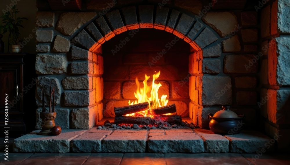 Flickering firelight on the walls of a stone fireplace, flames, stone Flickering firelight on the walls of a stone fireplace, flames, stone