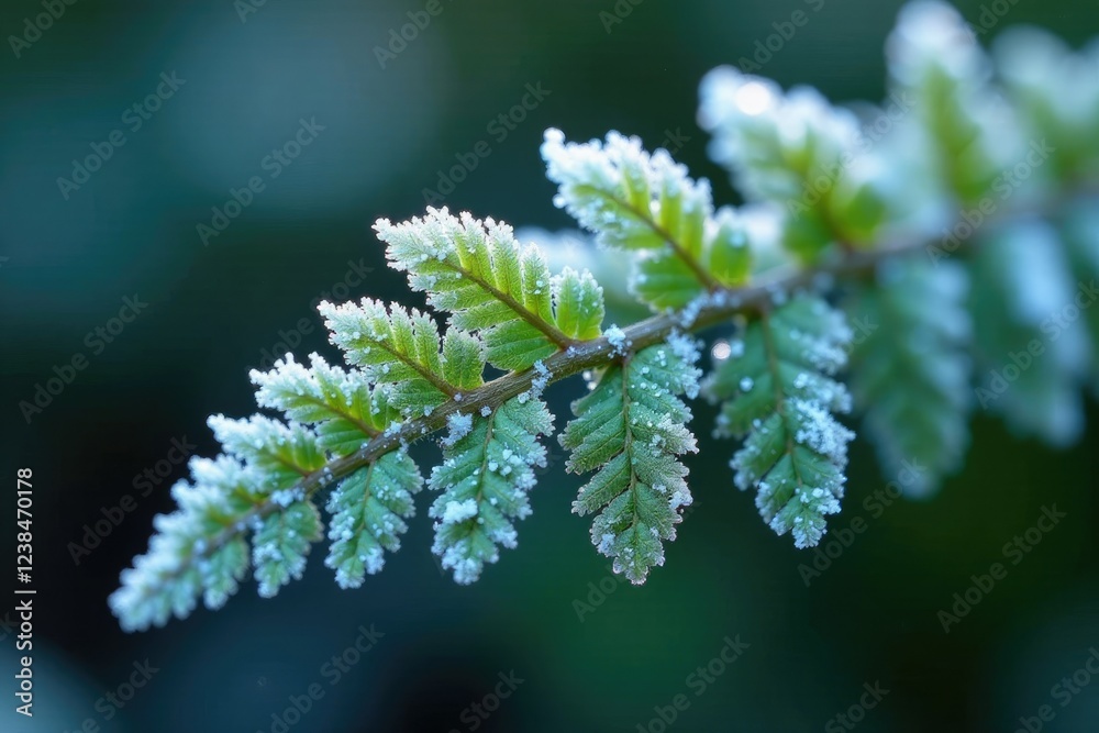 Frozen fern frond covered in sparkling ice crystals and frosty morning dew, intricate, leaf Frozen fern frond covered in sparkling ice crystals and frosty morning dew, intricate, leaf
