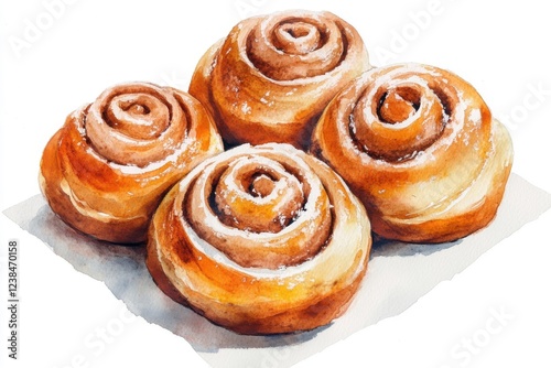 Delightful watercolor illustration showcasing four tempting cinnamon rolls for food enthusiasts and baking lovers photo