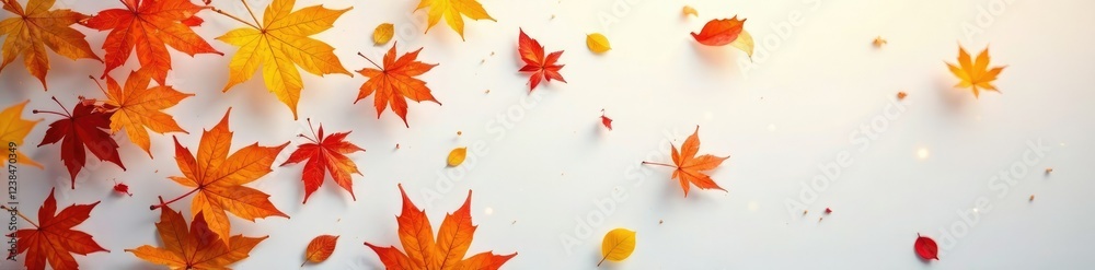 Golden hues of autumn leaves scattered on a snowy white background, golden, oak, leaf Golden hues of autumn leaves scattered on a snowy white background, golden, oak, leaf