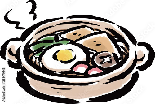 鍋焼きうどん（きつねうどん）　筆タッチ手描きイラスト