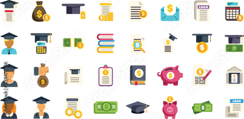 Set of icons representing student loan, financial aid, scholarship, education expenses and grant