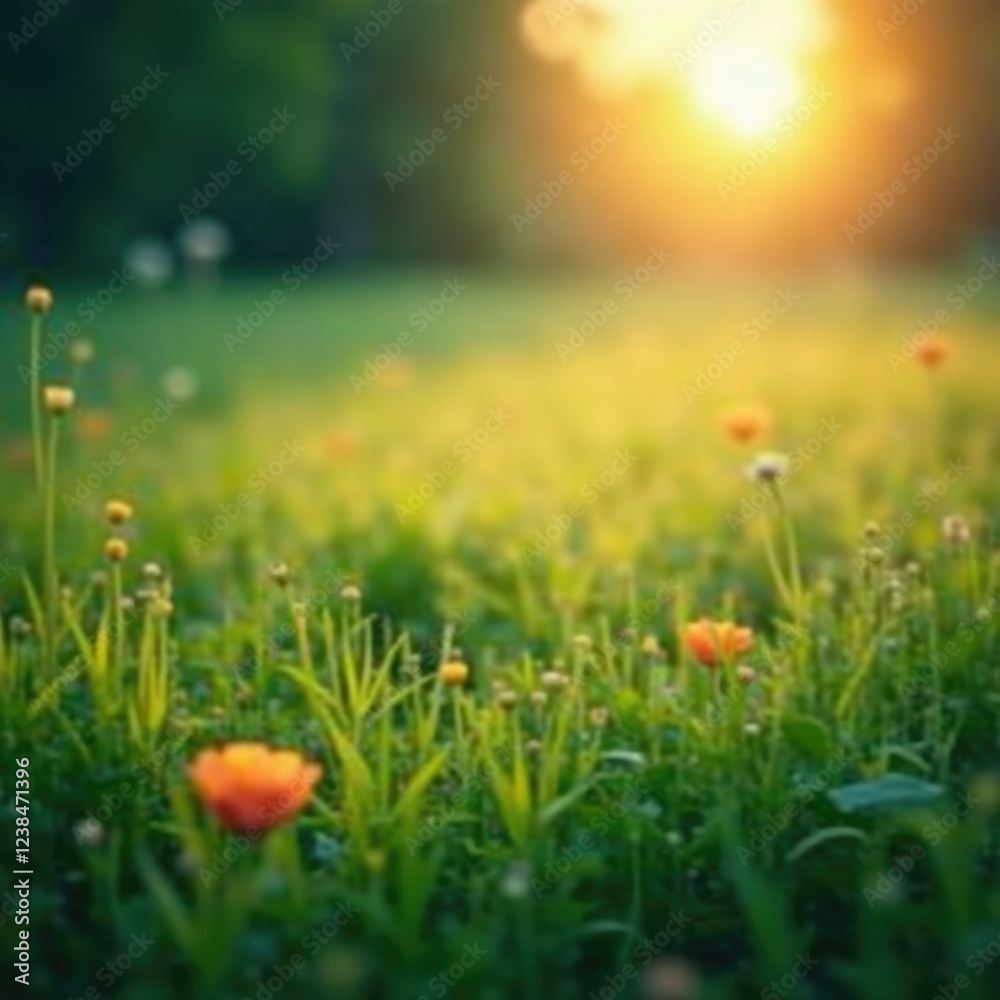 Obraz premium peaceful meadow scene at dawn with soft focus and glowing teal lights, golden, serene