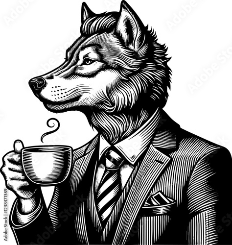 Sophisticated Wolf in Suit Drinking Coffee vector