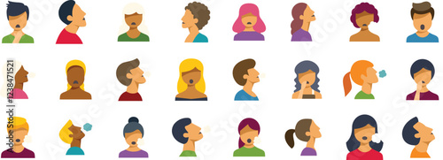Diverse group of individuals engaging in various oral activities, showcasing breathing, speaking, whistling, and chewing gum
