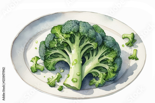 Watercolor illustration with fresh green broccoli on a plate on a white background. Healthy eating, vegetarianism, cabbage, weight loss products.