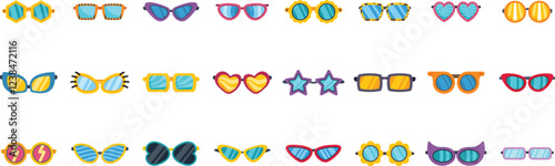 Colorful sunglasses collection featuring various shapes and styles, perfect for summer fashion and eye protection