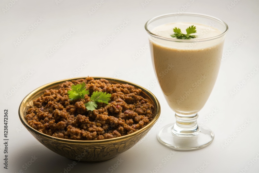 Spicy Keema with creamy yogurt drink, a flavorful Indian dish. Spicy Keema with creamy yogurt drink, a flavorful Indian dish.