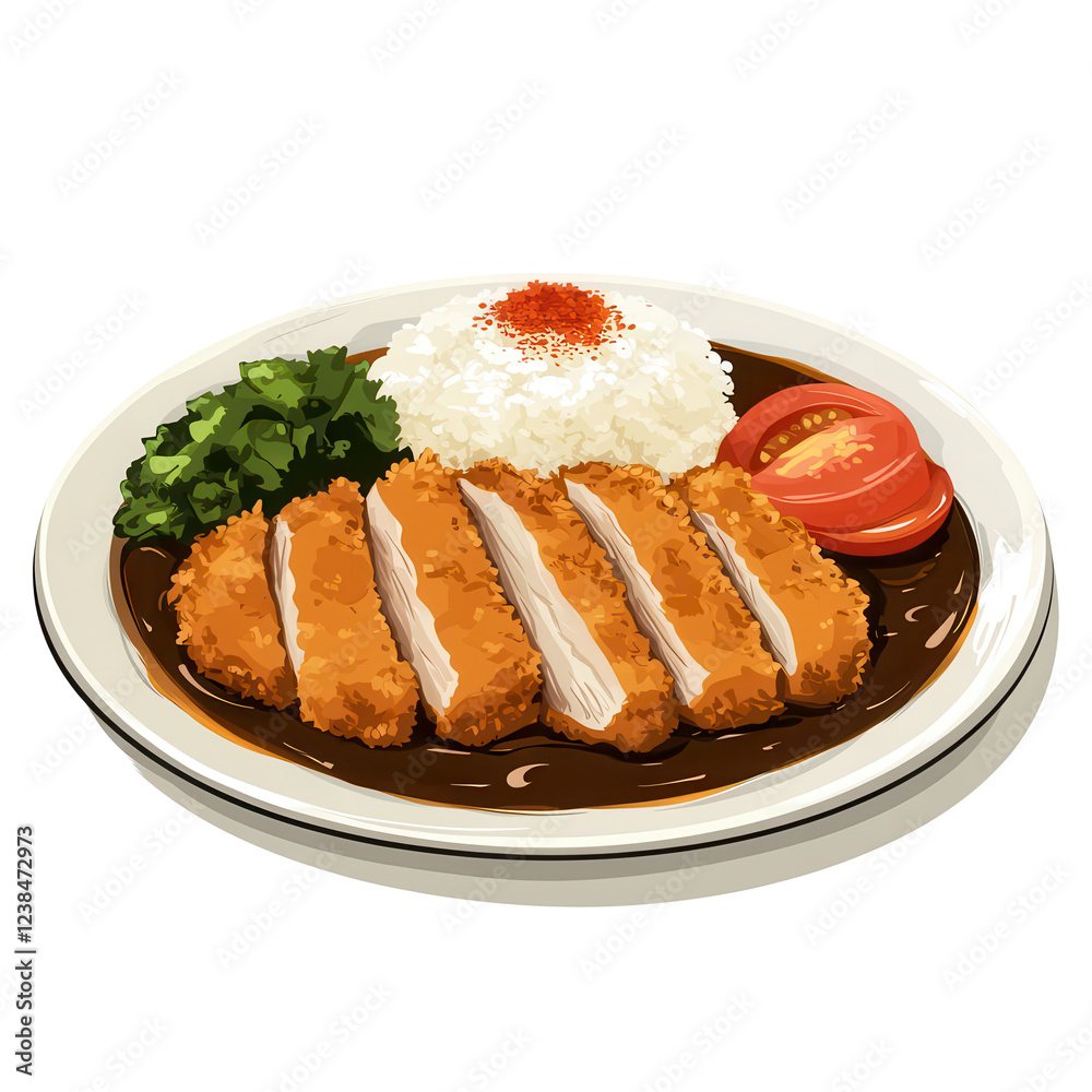 Delicious Katsu Curry: A mouthwatering plate of Japanese Katsu Curry, featuring crispy, golden-brown breaded pork cutlet served over fluffy white rice and a rich, flavorful curry sauce. Delicious Katsu Curry: A mouthwatering plate of Japanese Katsu Curry, featuring crispy, golden-brown breaded pork cutlet served over fluffy white rice and a rich, flavorful curry sauce.