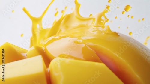 Mango pieces splash with vibrant juice against a light background in a fresh and appetizing moment