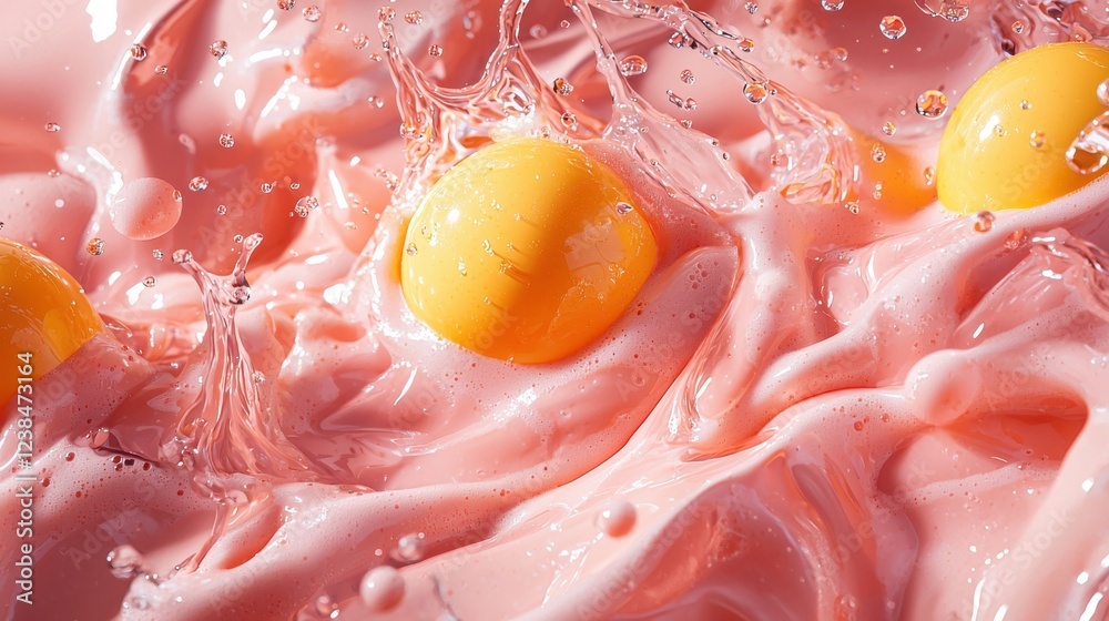 Close-up of yellow eggs submerged in pink yogurt, capturing a splash and swirl of creamy texture and vibrant colors. Close-up of yellow eggs submerged in pink yogurt, capturing a splash and swirl of creamy texture and vibrant colors.